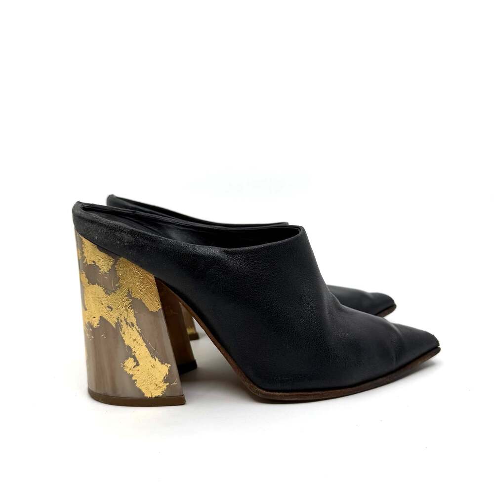 Eugenia Kim Black Leather and Gold Flake Mules / Heels Women's 6 US